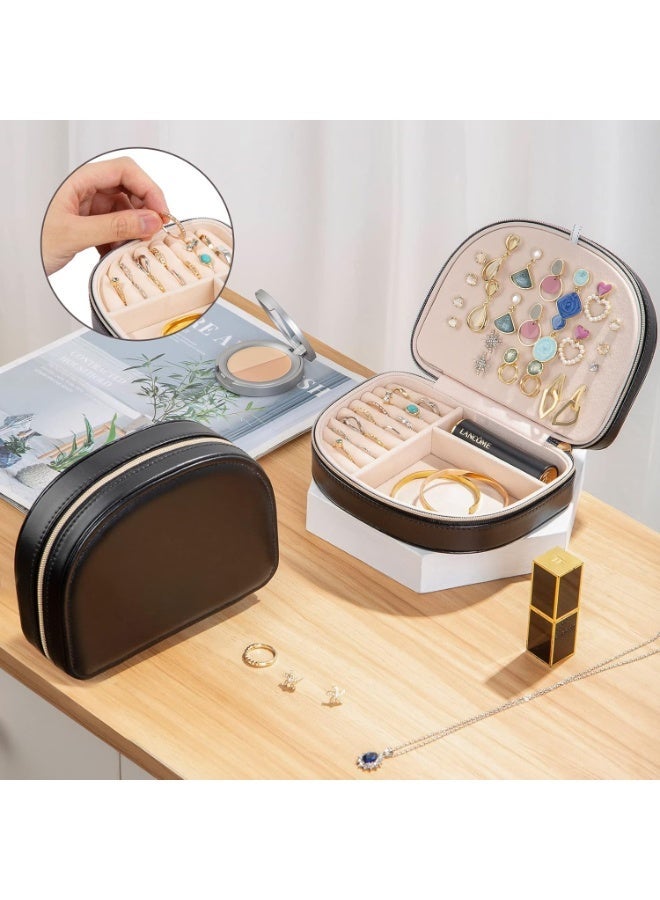 Soofam Travel Jewelry Box Storage Case, Small Portable Seashell-Shaped Jewelry Case, 2 Layer Mini Jewelry Organizer in PU Leather for Women -Black - Image 2